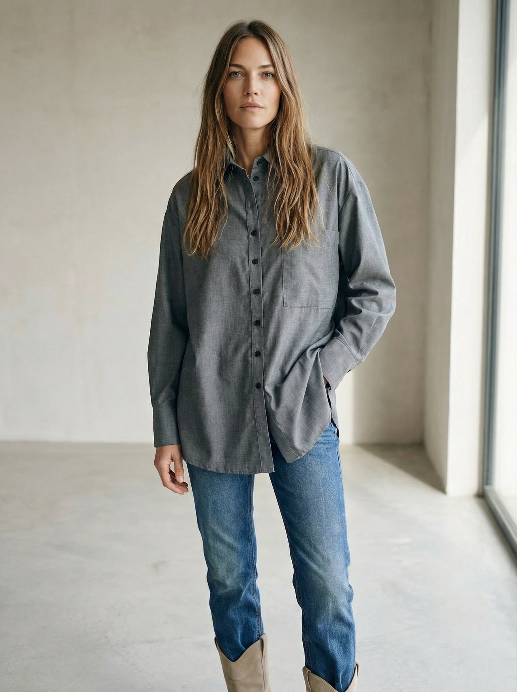 Woman wearing a gray shirt and blue jeans standing in a minimalistic room.